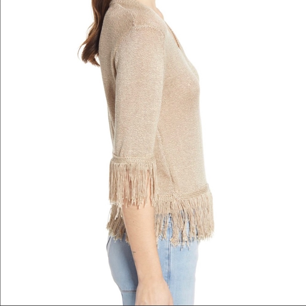 NWT BISHOP + YOUNG V-neck Fringe Sweater Oatmeal M - Picture 3 of 12